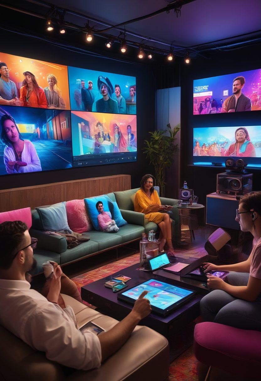 A vibrant and engaging scene depicting a diverse group of individuals actively participating in a lively adult live streaming environment. Capture the energy with dynamic lighting, screens displaying various live cam sessions, and chat interactions. Include elements like modern technology, comfortable seating, and an inviting atmosphere that highlights the social aspect of adult streaming. super-realistic. vibrant colors. 3D.