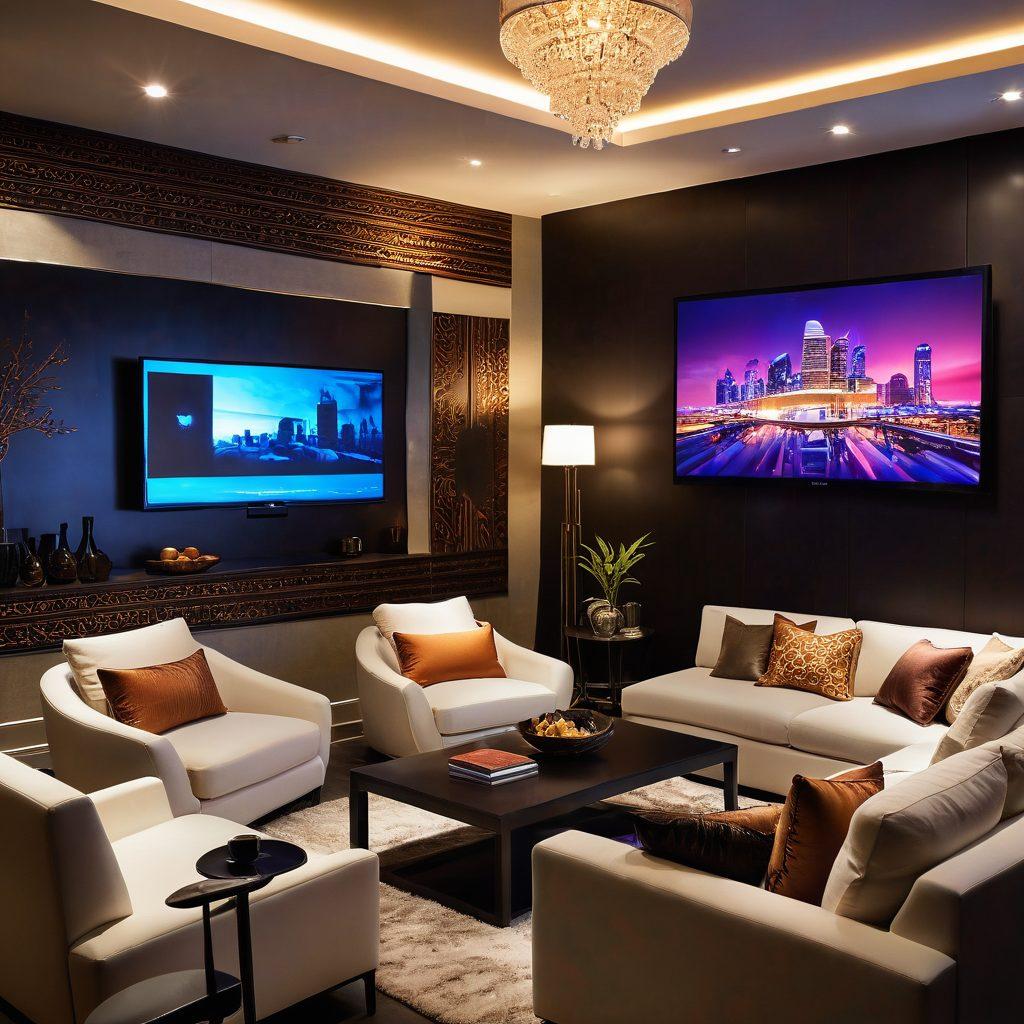 A sleek, modern living room with a large screen displaying interactive live cam interfaces, soft ambient lighting casting a warm glow, plush furniture inviting relaxation, a subtle hint of exotic decor symbolizing the global aspect of adult entertainment, with silhouettes of people engaged with their devices in the background. super-realistic. vibrant colors. cozy atmosphere.